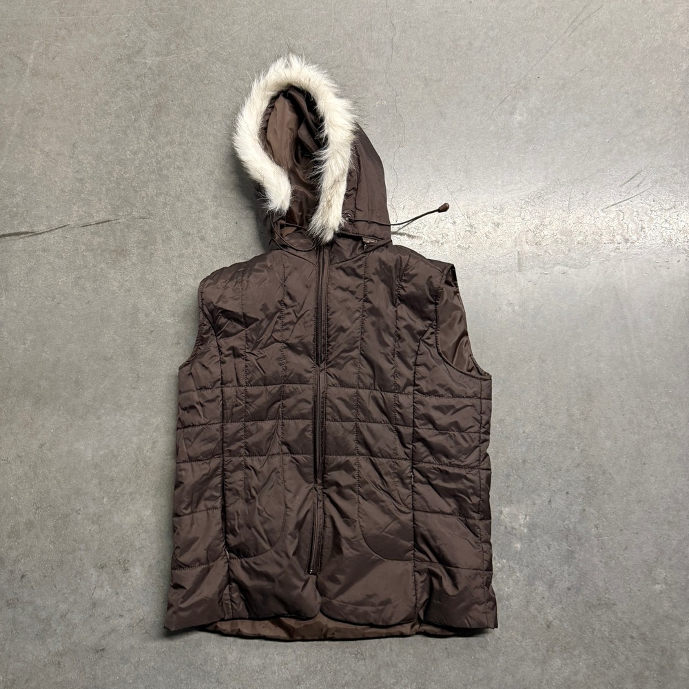 Ashley by 26 International Brown Quilted Puffer Vest Faux Fur Hood Plus Size 1X